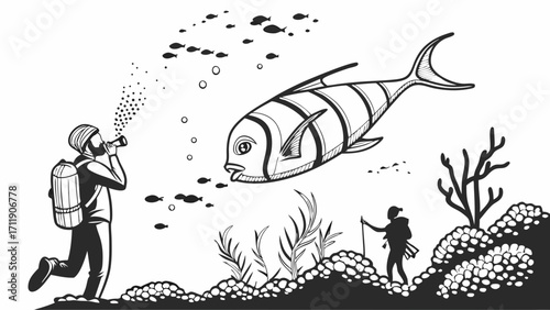 Underwater Photographer with Large Fish and Diver Silhouette Illustration Black and White Line Art.