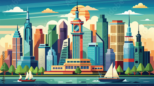 Vector art of pixel art illustration of a cityscape with skyscrapers and sailboats on the water during daytime