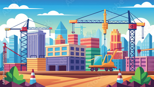 Vector art of pixel art illustration of a construction site with cranes and buildings against a cityscape background