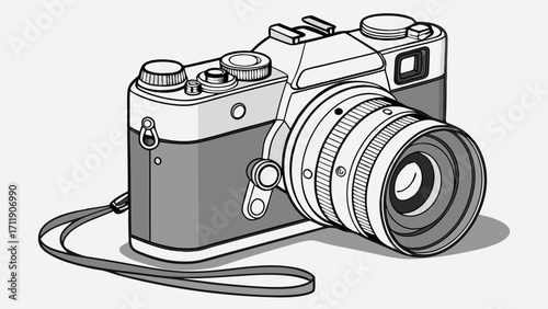 Vintage Camera Illustration Retro Photography Equipment Classic 35mm Film Camera Design Gray Scale Image Graphic Design Element.