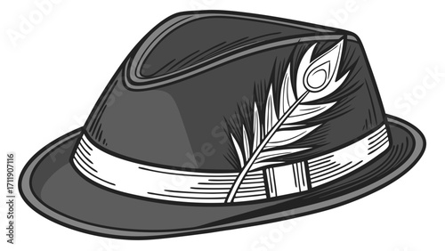 Vintage Fedora Hat with Feather Fashion Accessory Illustration Stylish Headwear Design Monochrome Graphic Retro Style Hat Elegant Hat Illustration.