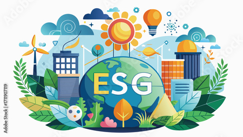 an-esg-icon-concept-highlights-the-connection-Vector art of environmental social governance concept with wind turbine and buildings