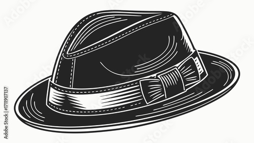 Vintage Fedora Hat with Bow Classic Headwear Illustration Black and White Design.