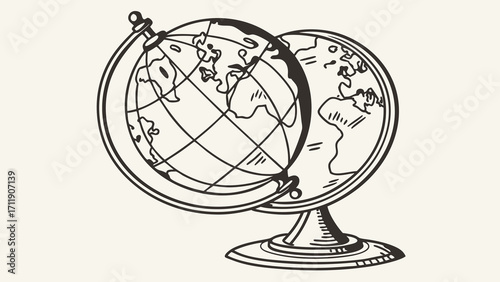 Vintage hand drawn illustration of a terrestrial globe world map geography travel education exploration.