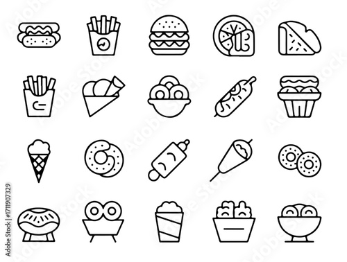 Street Food Outline Icon Set Vector Line Art Designs Featuring Global Snacks and Meals