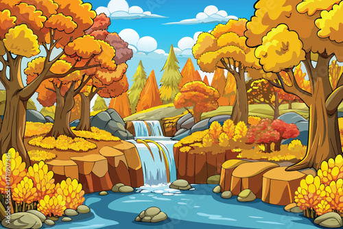 Vector art of a picturesque autumn landscape featuring a waterfall, colorful trees, and a serene river creating a vibrant scene