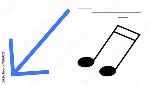 Downward arrow with musical notes and dynamic lines suggesting rhythm, movement, and falling trends. Ideal for sound design, music production, trending analysis, education resource, marketing