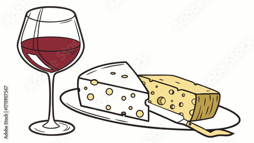 Wine and Cheese Still Life Illustration Perfect for Menus Food Blogs and Culinary Designs.
