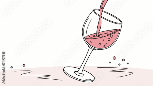 Wine pouring into glass drink beverage alcohol rosé pink celebration party elegant sophisticated glassware liquid splash refreshment bar restaurant menu design illustration gra.