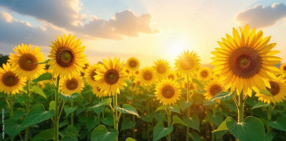 Fototapeta premium A vibrant field of towering sunflowers basking in the golden sunlight, their faces turned towards the sky Perfect for summer, nature, and agriculture themes , flowers, growth