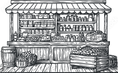 A vintage market stall displaying fresh fruits and vegetables with shelves of groceries.