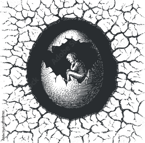A surreal illustration of a child emerging from a cracked egg symbolizing new beginnings and transformation.
