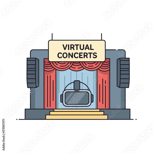 A concert stage with a prominent virtual reality headset, representing the concept of immersive online music events and futuristic entertainment
