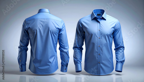 Two Blue Dress Shirts Displayed Front and Back on Mannequins.