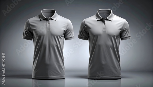 Two grey polo shirts displayed on invisible mannequins in a studio setting.