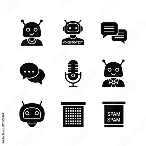 Black glyph icon set for AI chatbot technology, including voice-to-text, communication, and spam filtering concepts