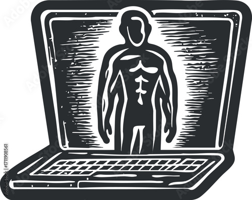 Illustration of a human figure emerging from a laptop screen representing technology and health.