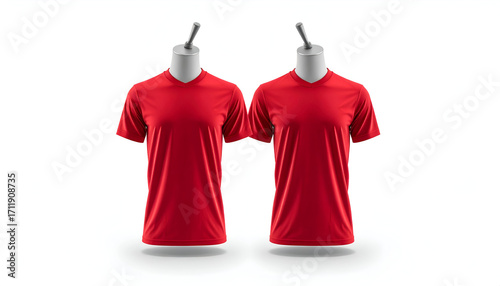 Two red V-neck short-sleeved t-shirts displayed on simple mannequins against a clean white background.