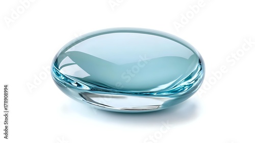 Transparent aqua blue glass pebble with smooth polished surface and soft reflections on white background, isolated decorative element for design projects.