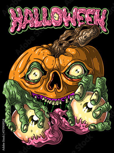 Eyeball Feast Pumpkin – Creepy Halloween Horror Illustration