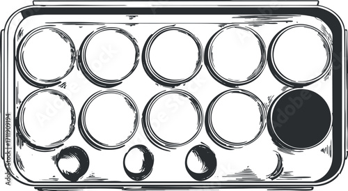 A watercolor palette featuring circular wells for mixing and storing colors for artists.