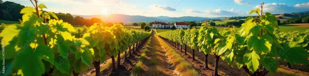 Naklejka premium Sun-drenched rows of grapevines stretching towards a picturesque winery in the heart of a wine region Rolling hills and clear blue skies complete the idyllic scene , pastoral, idyllic