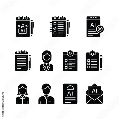 AI Technology Business Icons Set Analysis, Workflow, Job Application, and Communication