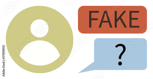 Profile icon next to speech bubble containing Fake and a question mark. Ideal for identity verification, misinformation, social media, online trust, anonymity, cybersecurity, digital ethics. Simple