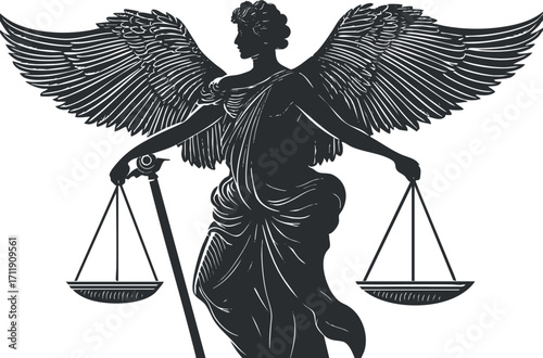 Illustration of Lady Justice holding scales and a sword representing law and fairness