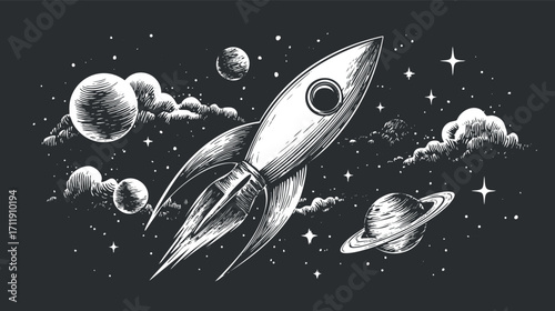 A vintage-style illustration of a rocket launching into space with planets and stars.