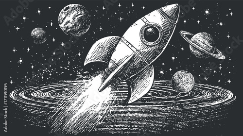 A vintage illustration of a rocket launching into space surrounded by planets and stars.