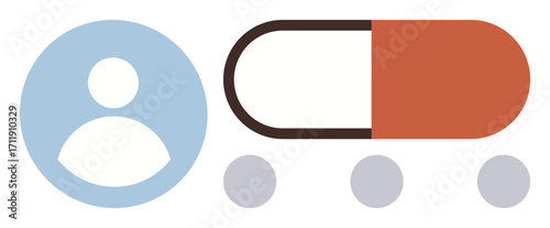Blue user profile icon next to a capsule pill and three dots. Ideal for healthcare, pharmacy, digital health, patient profiles, telemedicine, medical technology, innovation. A simple flat metaphor