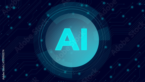 Vector illustration exploring digital economy where glowing AI letters symbolize capital growth and automation. Concept of business, stock market, investment, exchange, economy, capital.