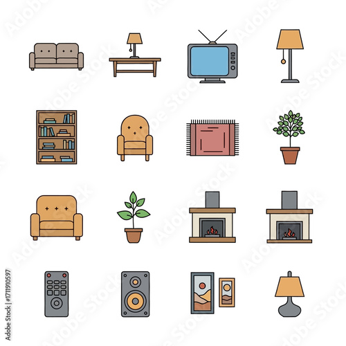Collection of Colorful Home Furniture and Decor Icons for Interior Design.