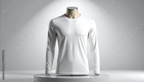 A plain white long-sleeve t-shirt displayed on a headless mannequin in a studio setting with spotlight.