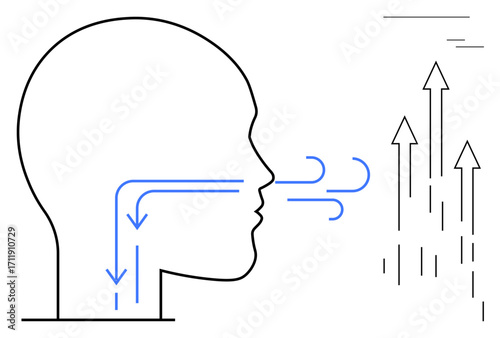 Line art profile of head with blue airflow arrows through nasal passage alongside upward growth arrows. Ideal for health, anatomy, respiration, growth, progress, innovation, science. Simple flat