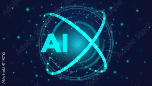Vector illustration. Text AI with orbiting data streams and financial innovation against dark, deep blue background. Concept of business, stock market, investment, exchange, economy, capital.