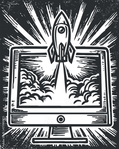A stylized illustration of a rocket launching from a computer screen representing digital innovation.