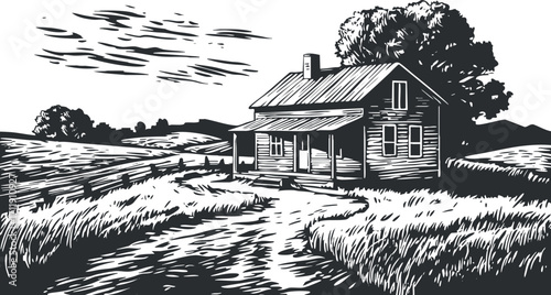 A serene black and white illustration of a farmhouse in a peaceful rural landscape.