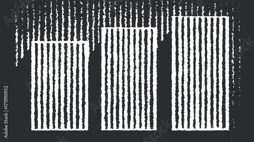 An abstract black and white design featuring vertical lines and a textured pattern.