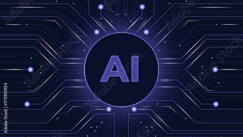 Vector illustration. Central AI core with radiating circuits visualizes deep integration of technology and investment infrastructure across digital markets. Concept of business, stock market, exchange