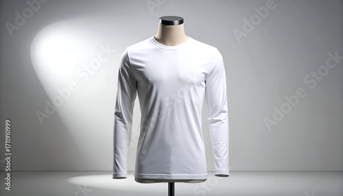 A plain white long-sleeved t-shirt displayed on a mannequin in a studio setting with spotlighting.