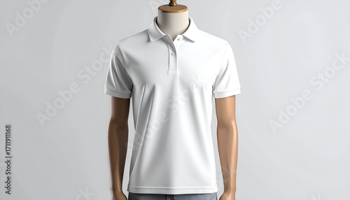 White short-sleeved polo shirt on a mannequin, front view, plain background.