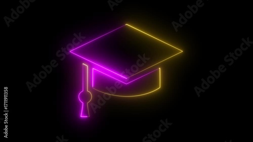 Neon line Graduation cap icon. Glowing neon academic hat, looped slow flashing. Graduation cap icon , line icon animation , Graduation day, graduation cap and diploma line icon animation on background