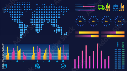Vector illustration. Charts and abstract logistics lines reflect interconnected systems of global investment and continuous market performance tracking. Concept of business, stock market, economy.