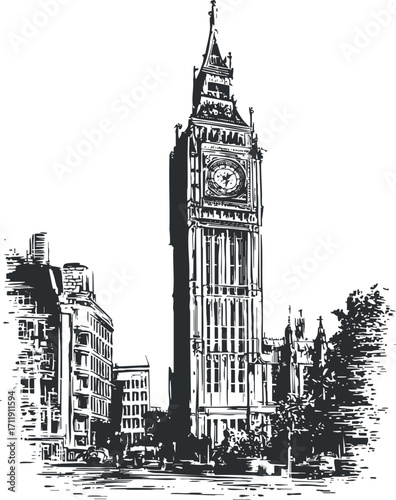 An artistic sketch of Big Ben in London showcasing its iconic architecture and historical significance.