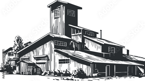 Vintage black and white illustration of a rustic barn and farm buildings in a countryside setting.