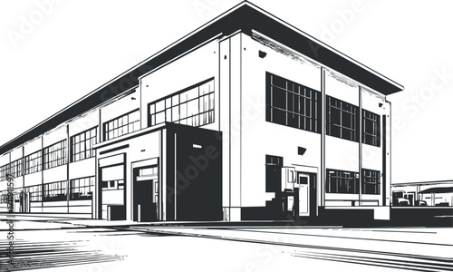 A detailed black and white illustration of a modern industrial building exterior.