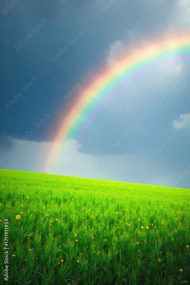 Naklejka premium Vibrant rainbow arching across a lush green field, sunlight illuminating its spectrum of colours Perfect for nature, fantasy, and whimsical themes , rainbow arch, hope