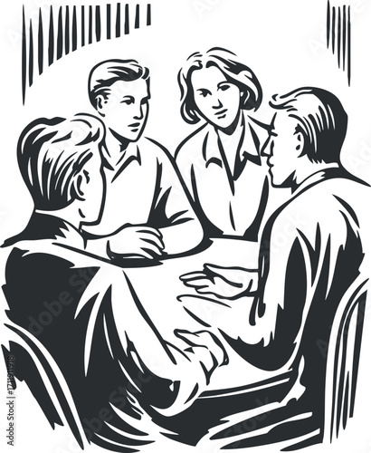 A black and white illustration of a business meeting with four professionals engaging in conversation.